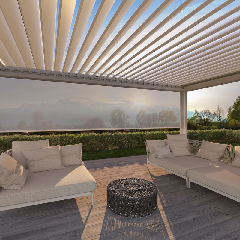 A modern terrace with a pergola structure, featuring stylish seating and a scenic background. A modern terrace with a pergola structure, featuring stylish seating and a scenic background.