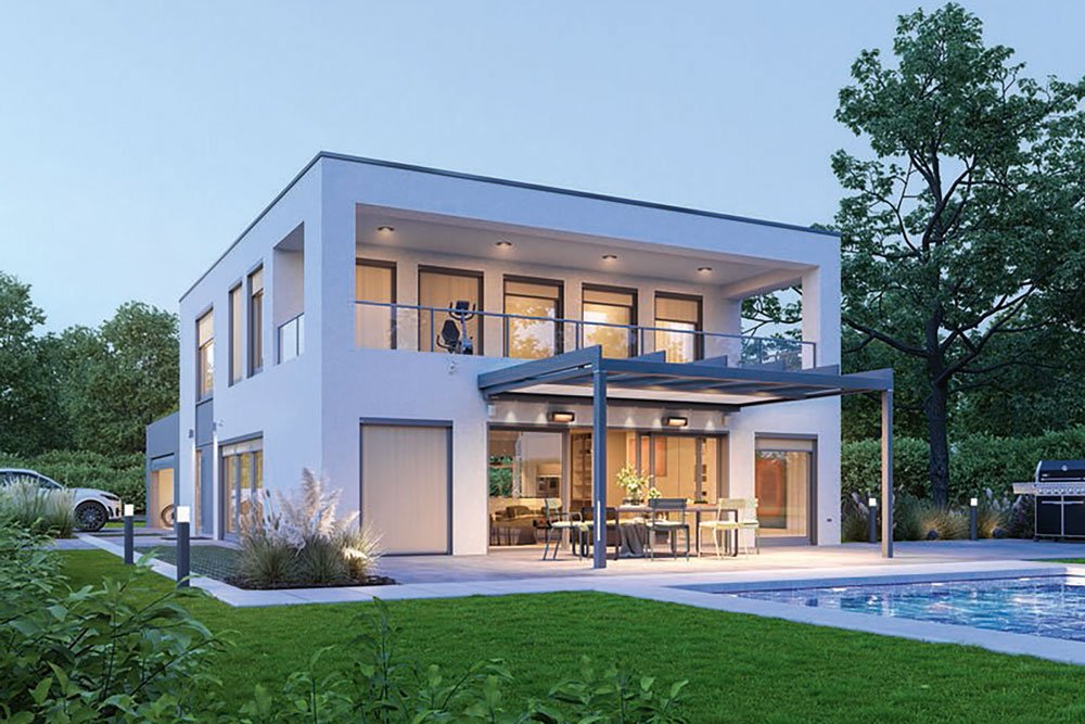 A modern white house with large windows, a terrace, and a swimming pool in a green garden setting. A modern white house with large windows, a terrace, and a swimming pool in a green garden setting.