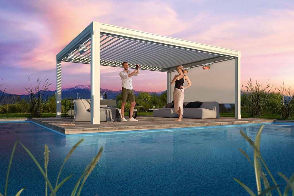 A modern open structure with a white overhead design near a pool, surrounded by greenery under a colourful sky. A modern open structure with a white overhead design near a pool, surrounded by greenery under a colourful sky.