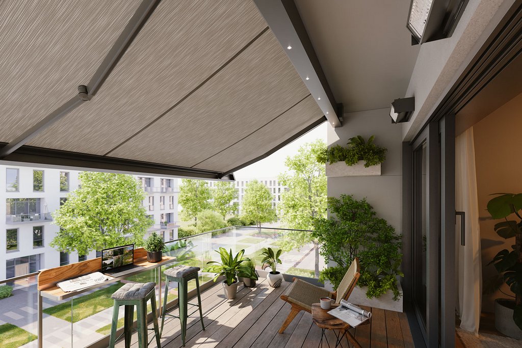A balcony featuring a large awning, wooden flooring, and potted plants under a clear sky. A balcony featuring a large awning, wooden flooring, and potted plants under a clear sky.
