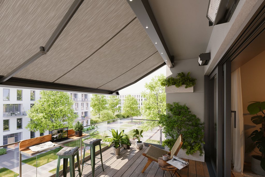 A balcony featuring a large awning, wooden flooring, and potted plants under a clear sky. A balcony featuring a large awning, wooden flooring, and potted plants under a clear sky.