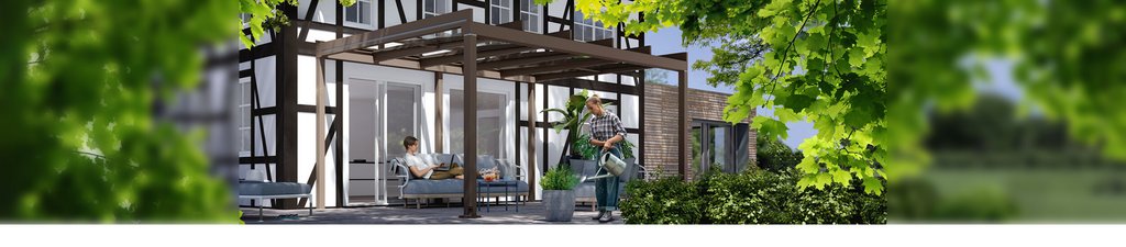 A modern outdoor space featuring a pergola, comfortable seating, and lush greenery. A modern outdoor space featuring a pergola, comfortable seating, and lush greenery.