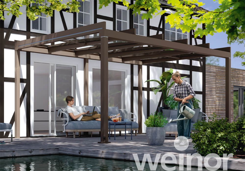 Supporting Wall Connection Frame and Terrazza Pure with glass patio roofs
