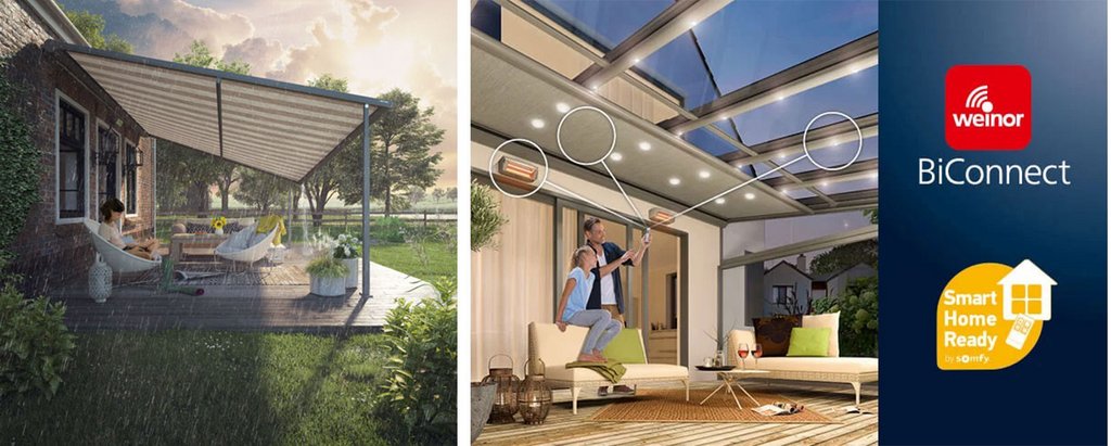 A modern terrace with an awning, featuring LED lighting and a relaxing outdoor seating area. A modern terrace with an awning, featuring LED lighting and a relaxing outdoor seating area.