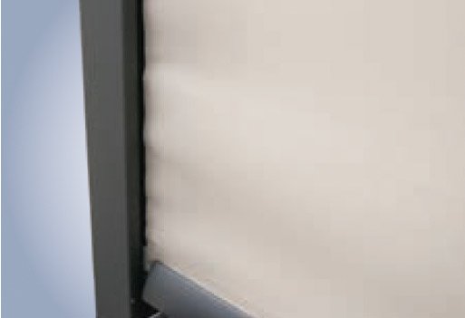 Beige fabric with a sleek black frame, suggesting a mounted sun protection solution. Beige fabric with a sleek black frame, suggesting a mounted sun protection solution.