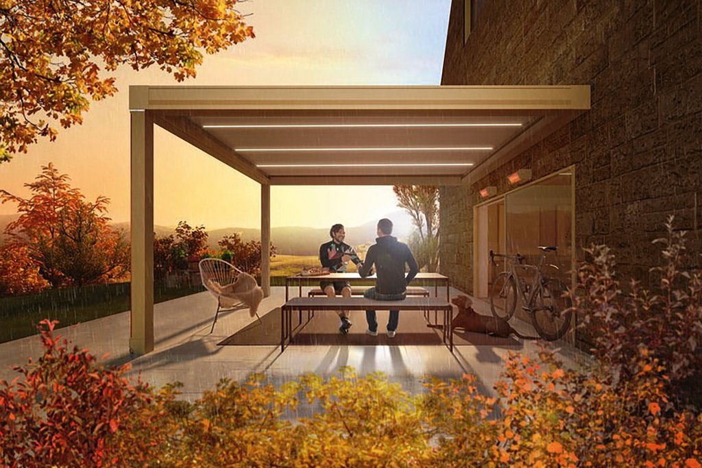 A modern roof structure supports a seating area, surrounded by autumn foliage and a distant landscape. A modern roof structure supports a seating area, surrounded by autumn foliage and a distant landscape.
