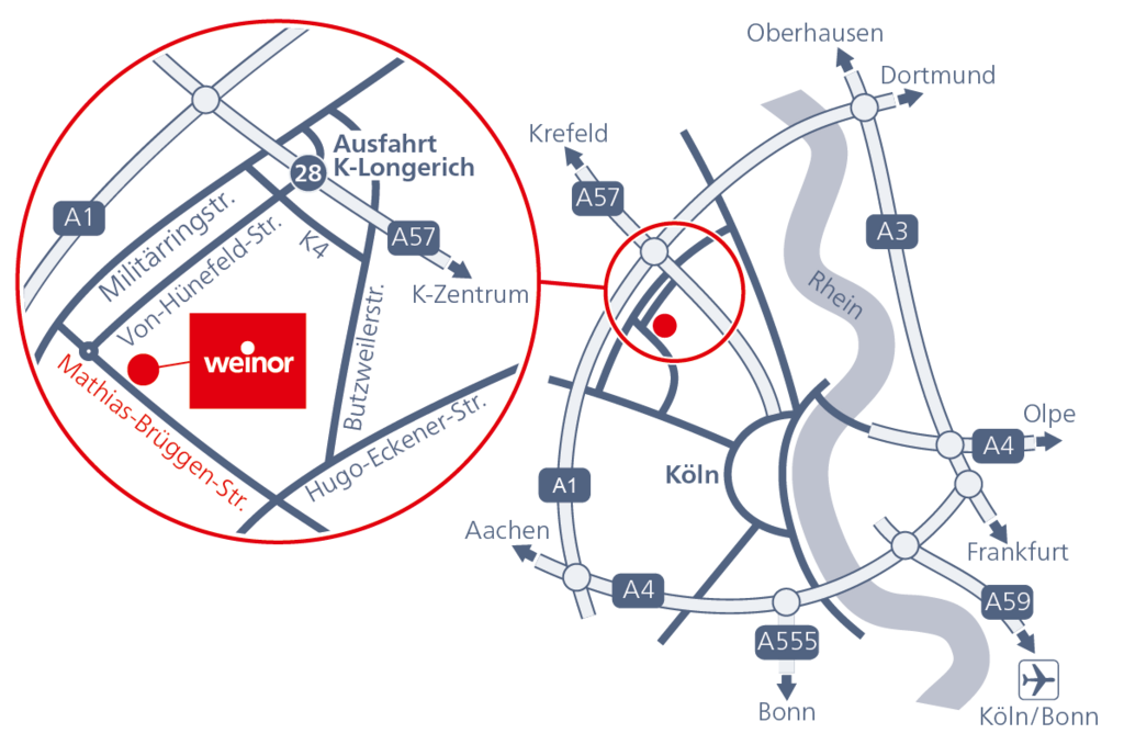 Map highlighting routes and locations in Cologne, featuring a red box containing the word "weinor". Map highlighting routes and locations in Cologne, featuring a red box containing the word "weinor".